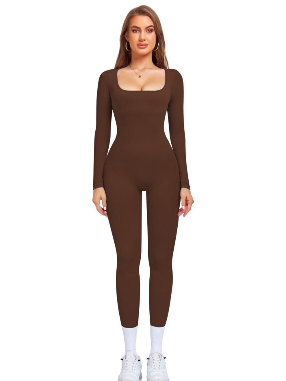 Womens Long Sleeve Workout Jumpsuit Square Neck Ribbed Seamless Yoga Romper Sexy